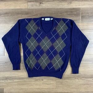 Harbour Club Mens V Neck Argyle Sweater 100% Lambswool Blue Size Large